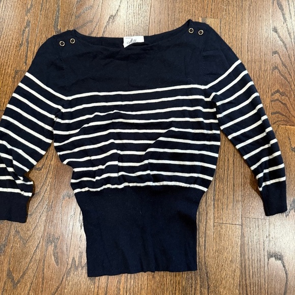 Milly Navy Blue White Stripe Sweater Accent Button Shoulders Size Small 1622 - Picture 2 of 9